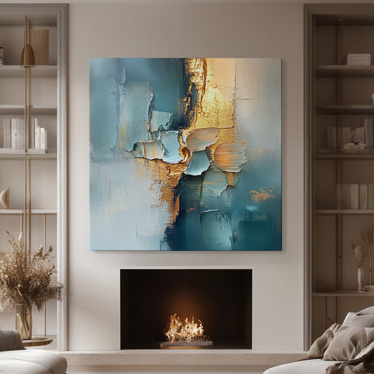 Modern Abstract Stretched Canvas – “Golden Divide” in Teal and Gold