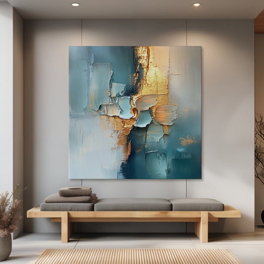 Modern Abstract Rolled Canvas – “Golden Divide” in Teal and Gold