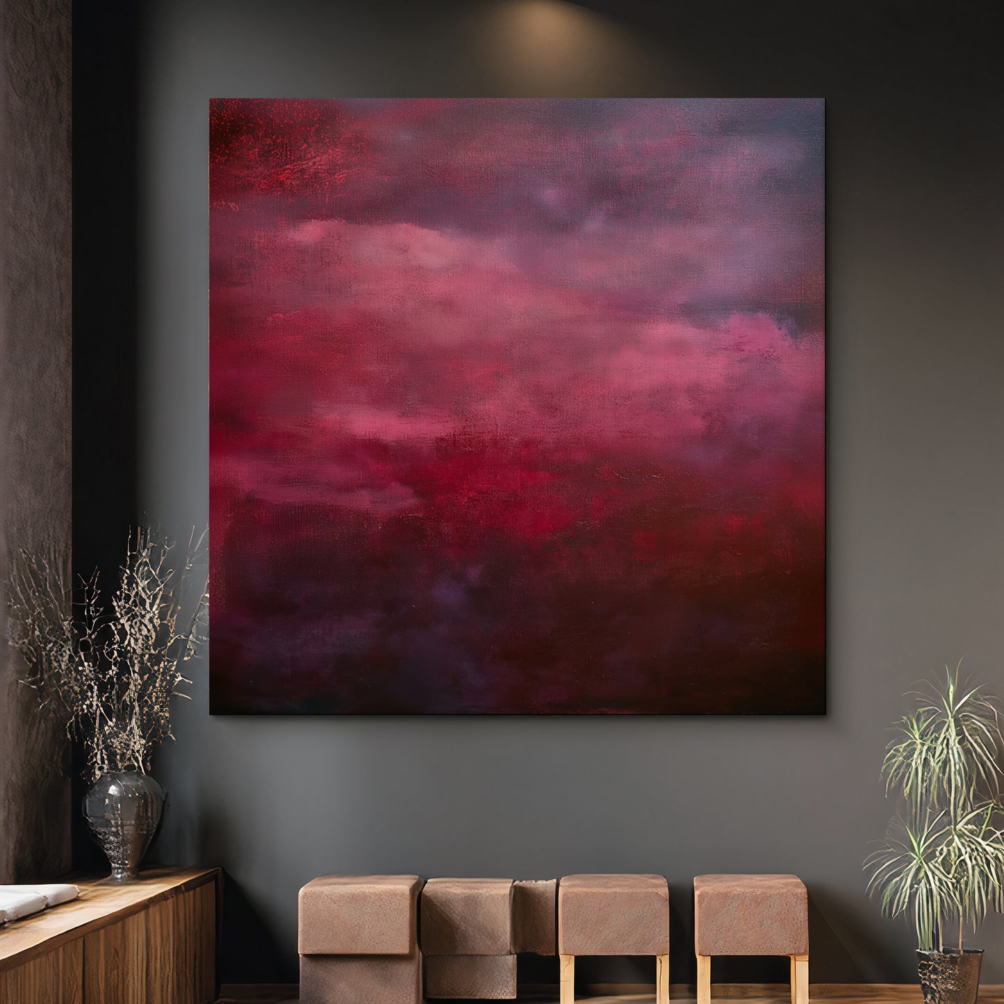 Abstract Minimalist Wall Art Stretched Canvas Print - "Crimson Veil"