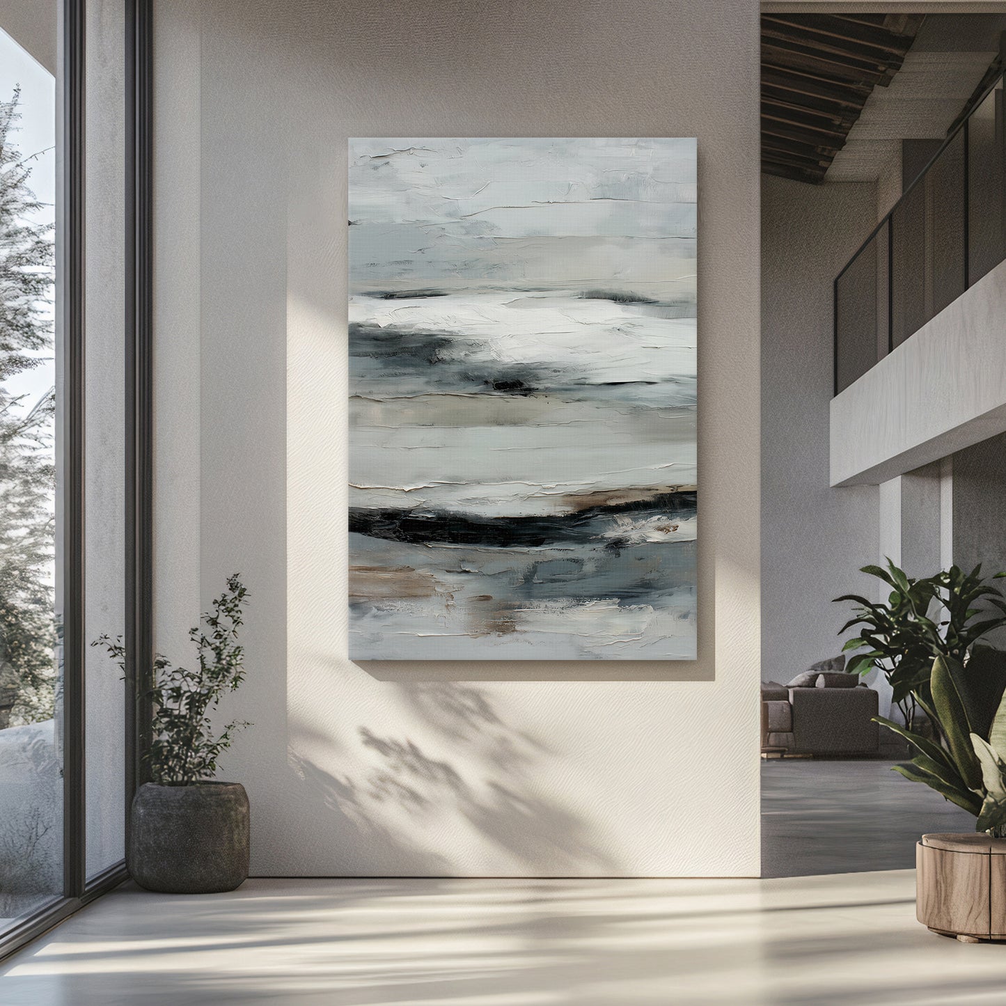 Abstract Minimalist Wall Art Stretched Canvas Print - "Winter Horizon"