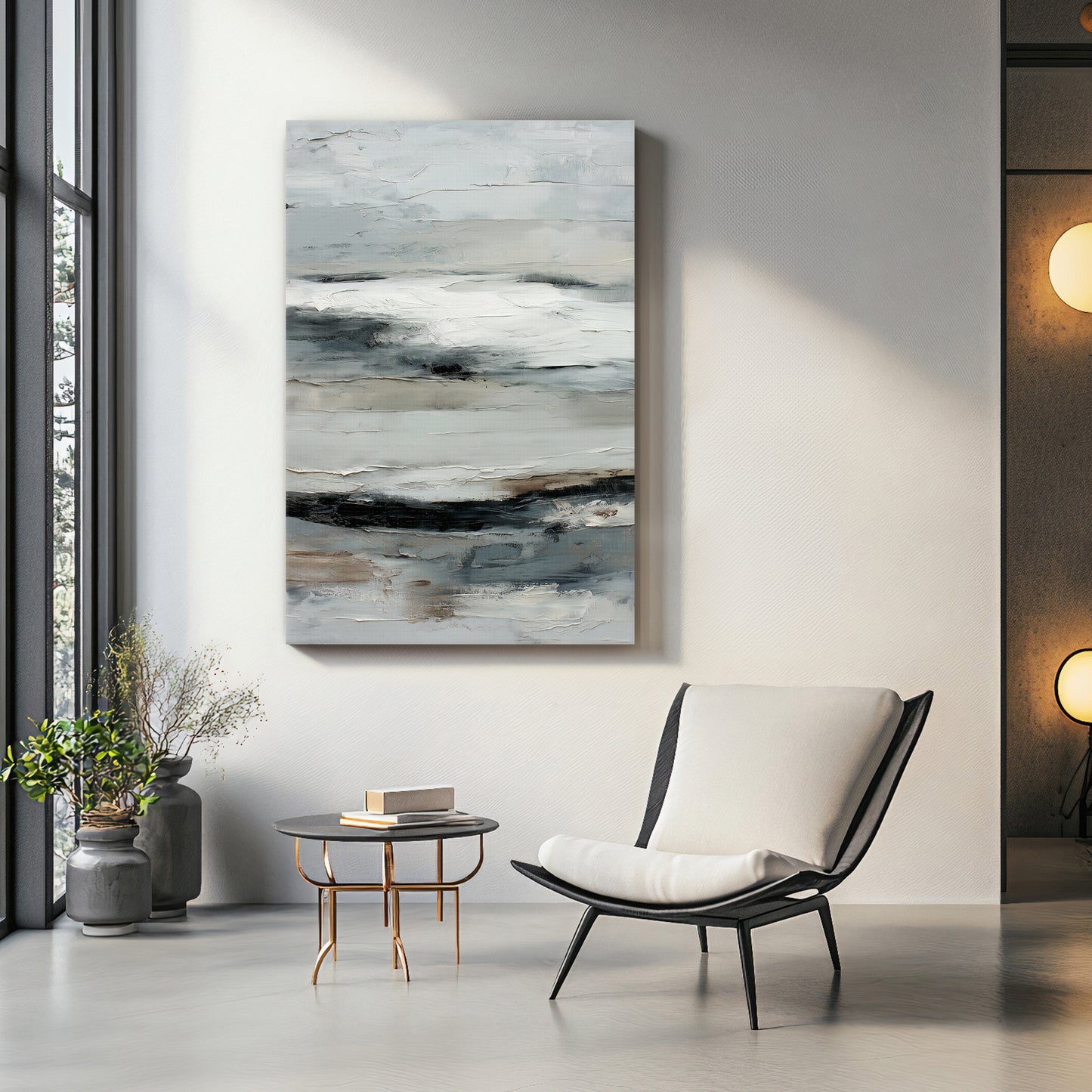 Abstract Minimalist Wall Art Stretched Canvas Print - "Winter Horizon"