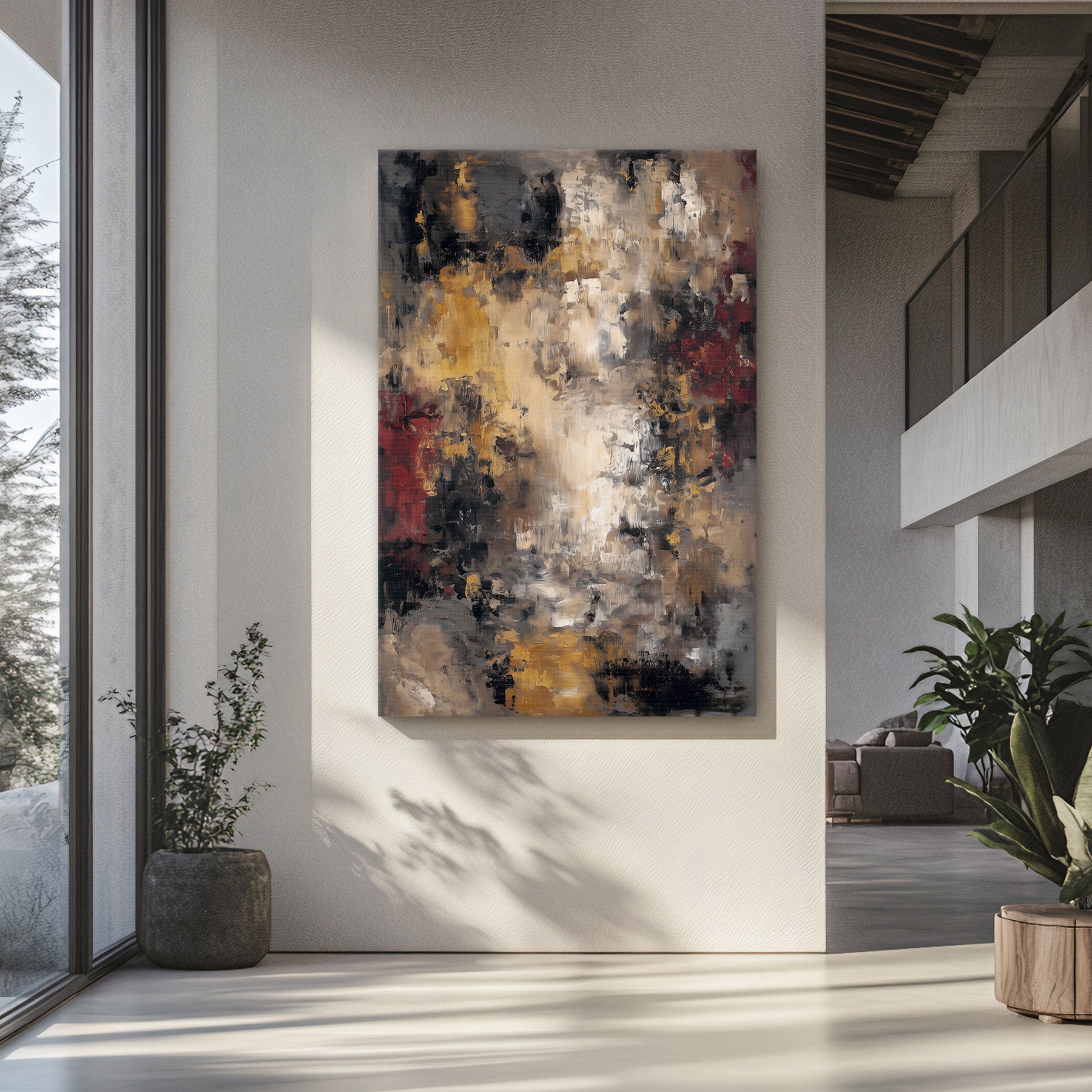 Abstract painting on a wall in a modern interior setting with plants and a couch.