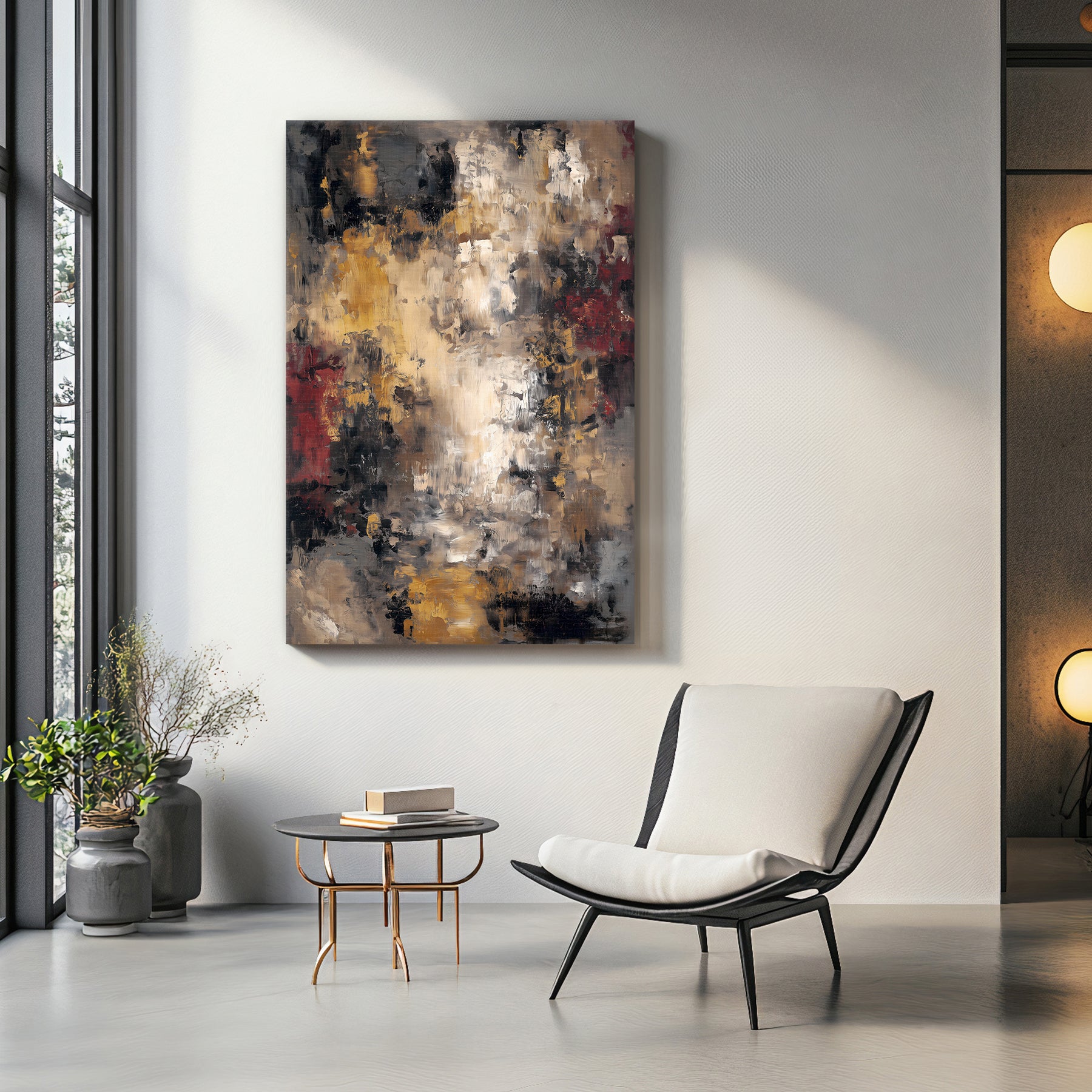 Modern living room with abstract painting, chair, and side table.