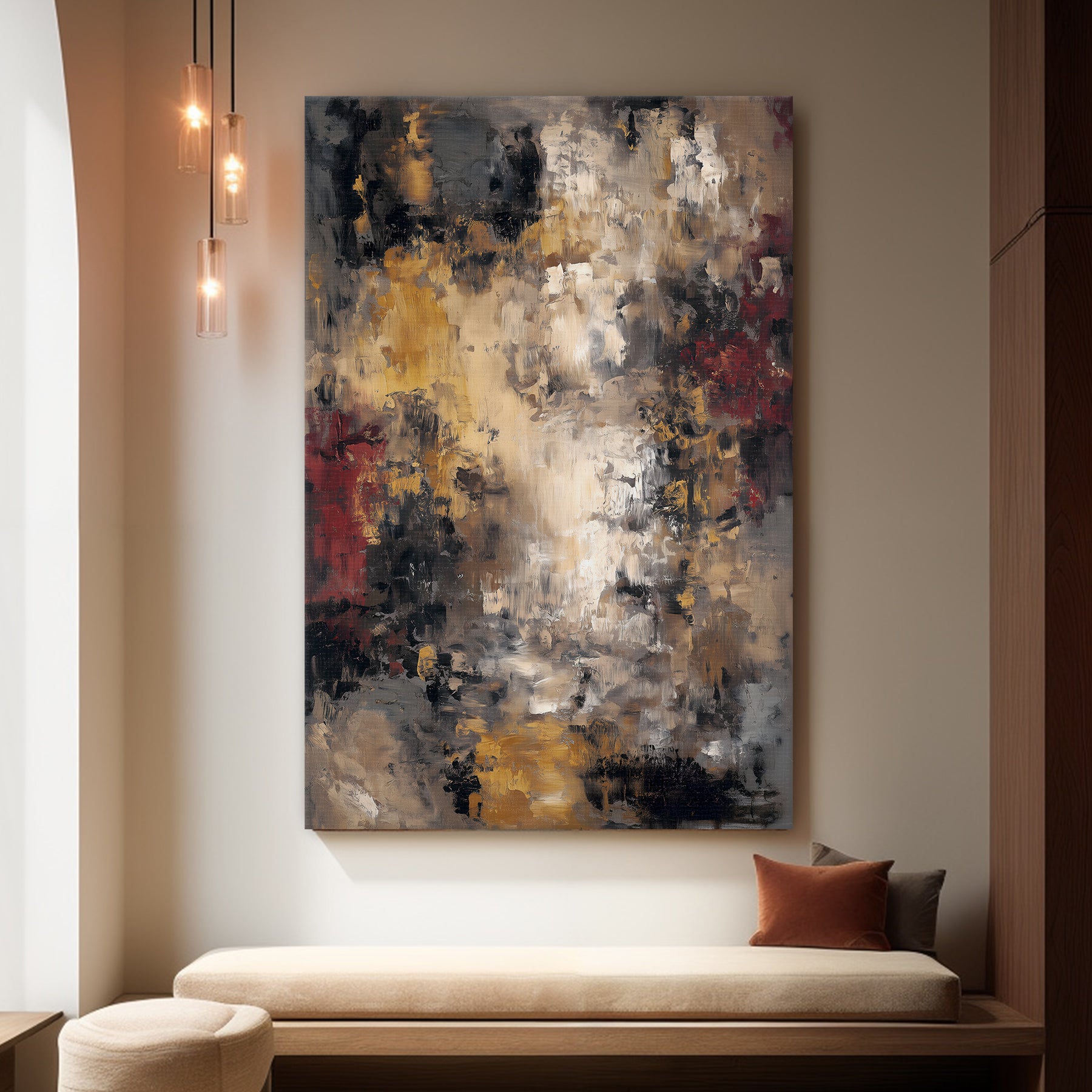 Abstract painting in a modern living room setting with a beige sofa and decorative pillows.