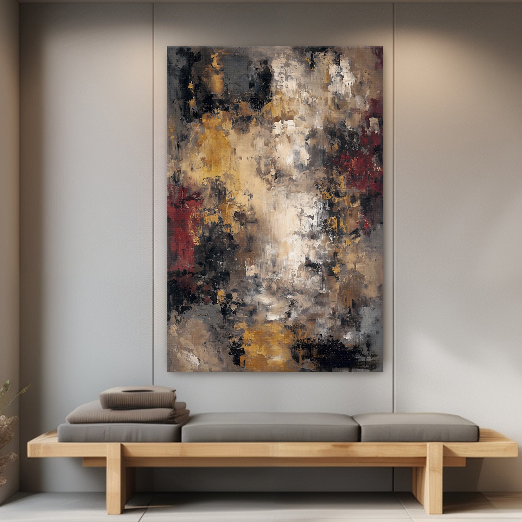 Abstract painting on a wall above a wooden bench with cushions.