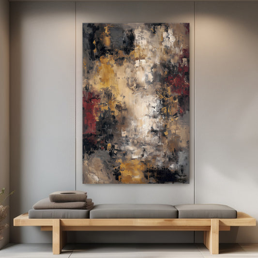 Abstract painting on a wall above a wooden bench with cushions.