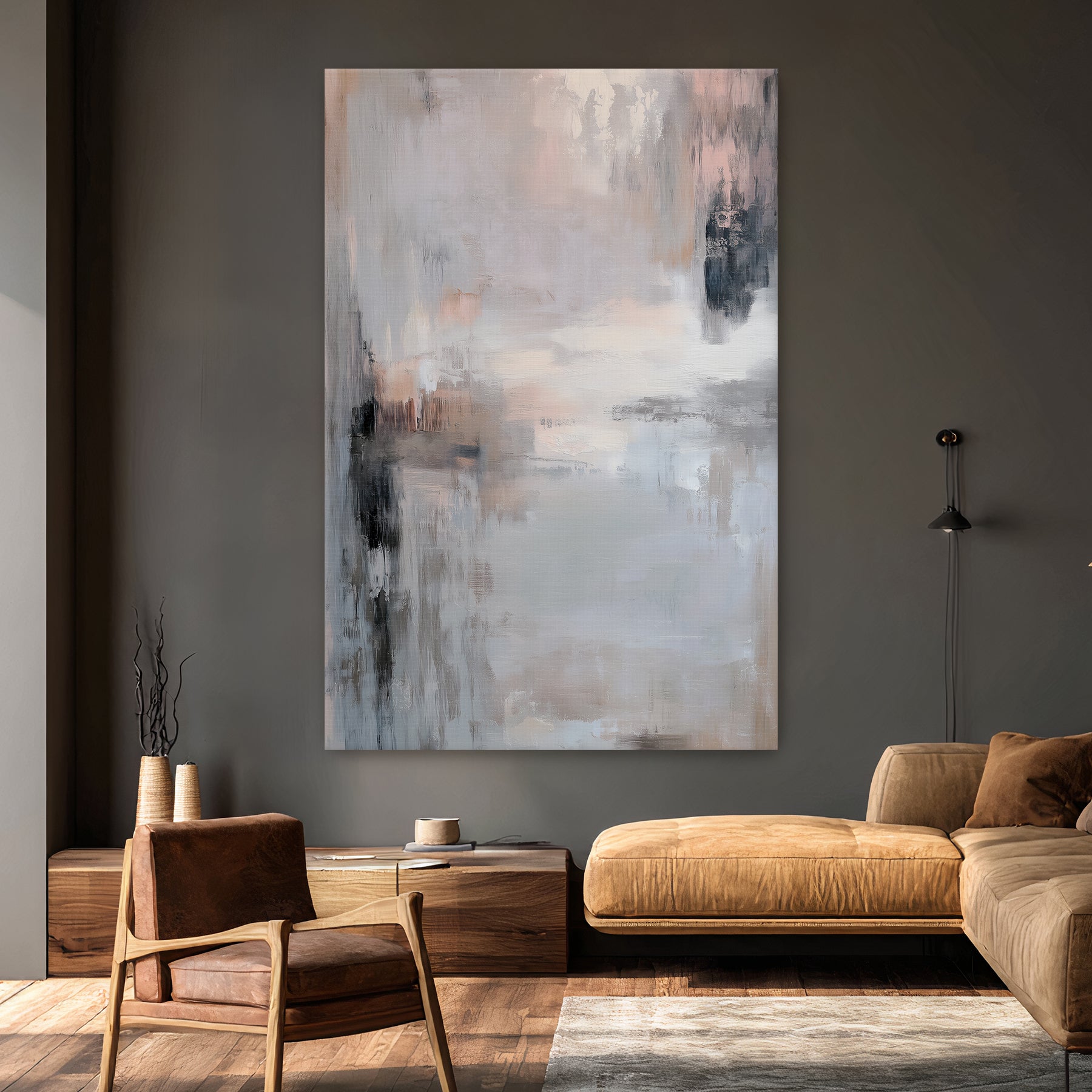 Minimalist Abstract art hanging on the wall in a modern living room.