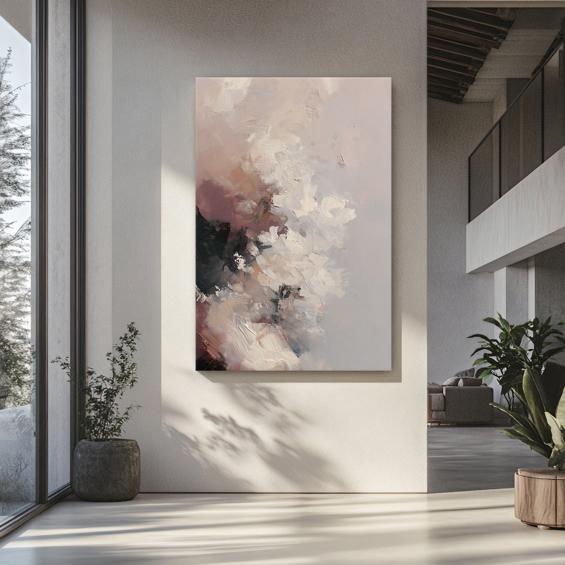 Abstract painting on a wall in a modern interior setting with plants and a large window.