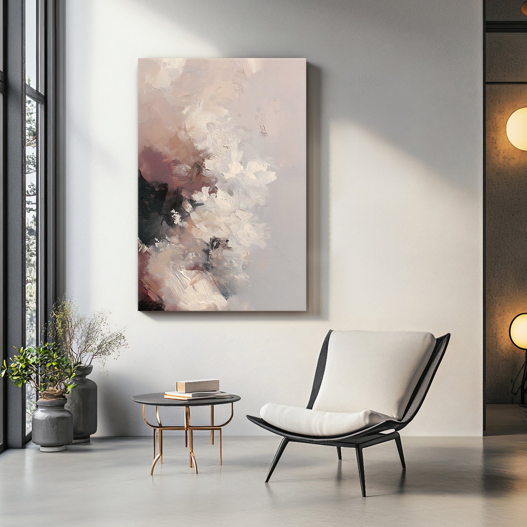 Modern living room with a abstract painting on the wall, a chair, and a small table.
