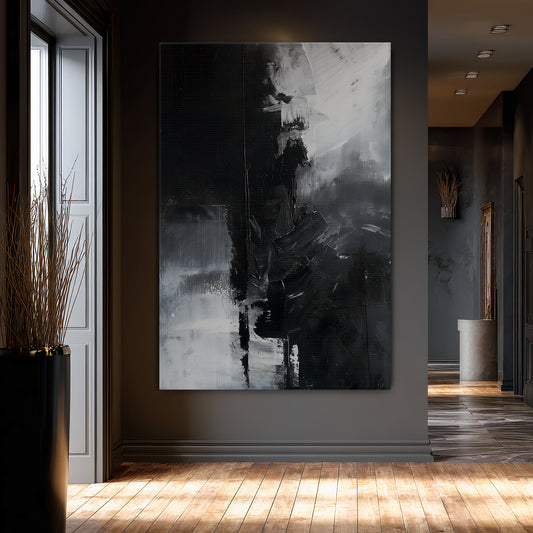 Abstract Monochromatic Stretched Canvas Wall Art - "Midnight Fragment"