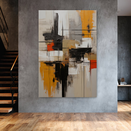 Abstract Geometric Artwork Stretched Canvas - "Ochre Blueprint"