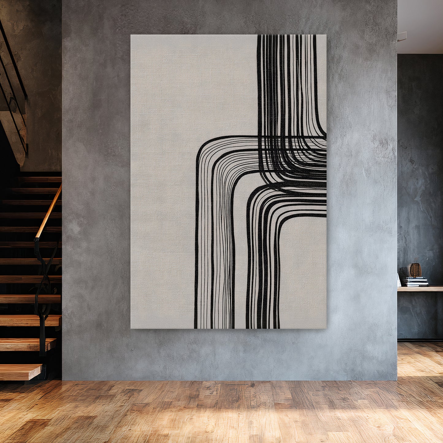 Modern minimalist abstract artwork with black curved lines on a neutral textured background, printed on canvas