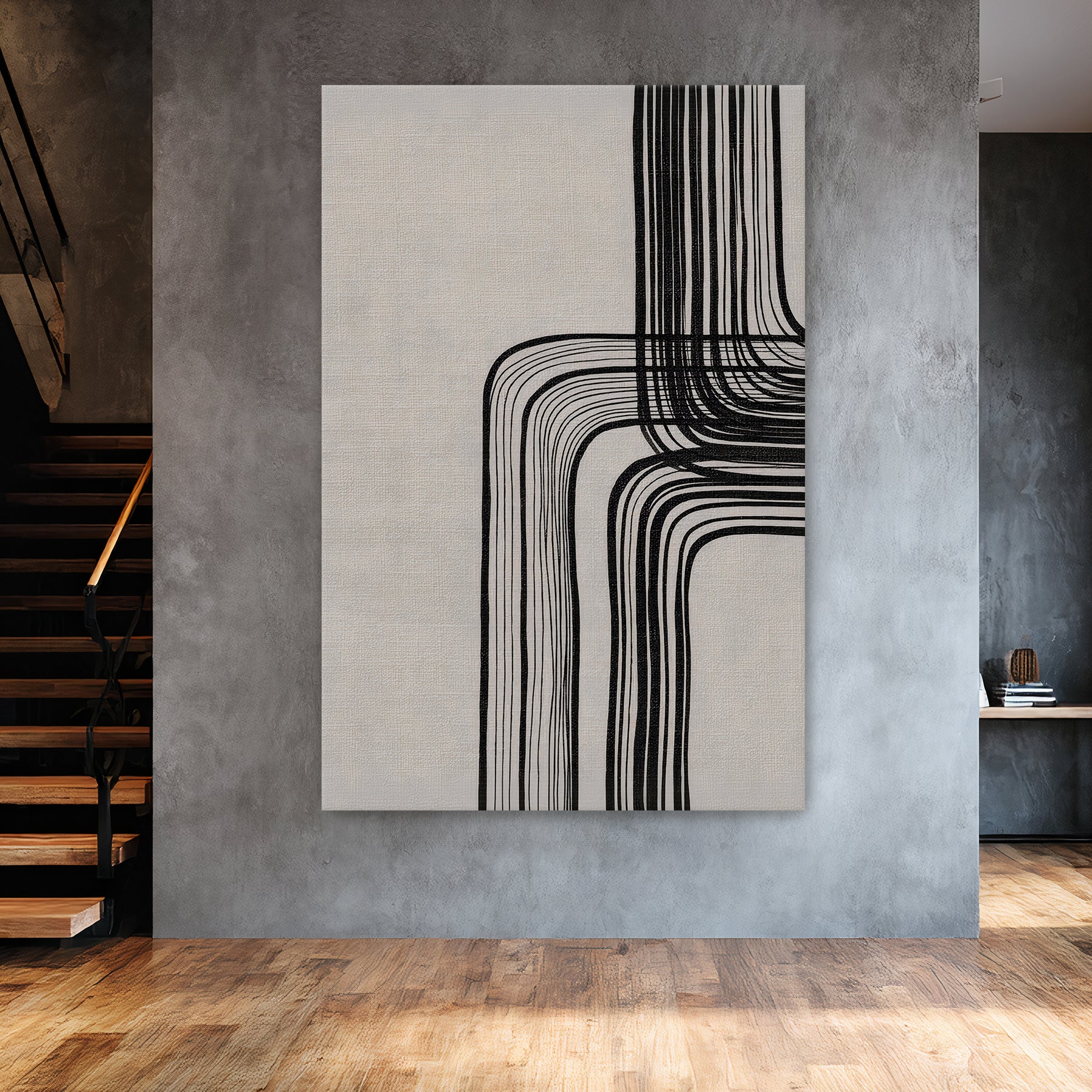 Modern minimalist abstract artwork with black curved lines on a neutral textured background, printed on canvas