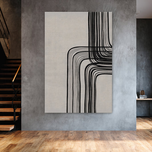 Modern minimalist abstract artwork with black curved lines on a neutral textured background, printed on canvas