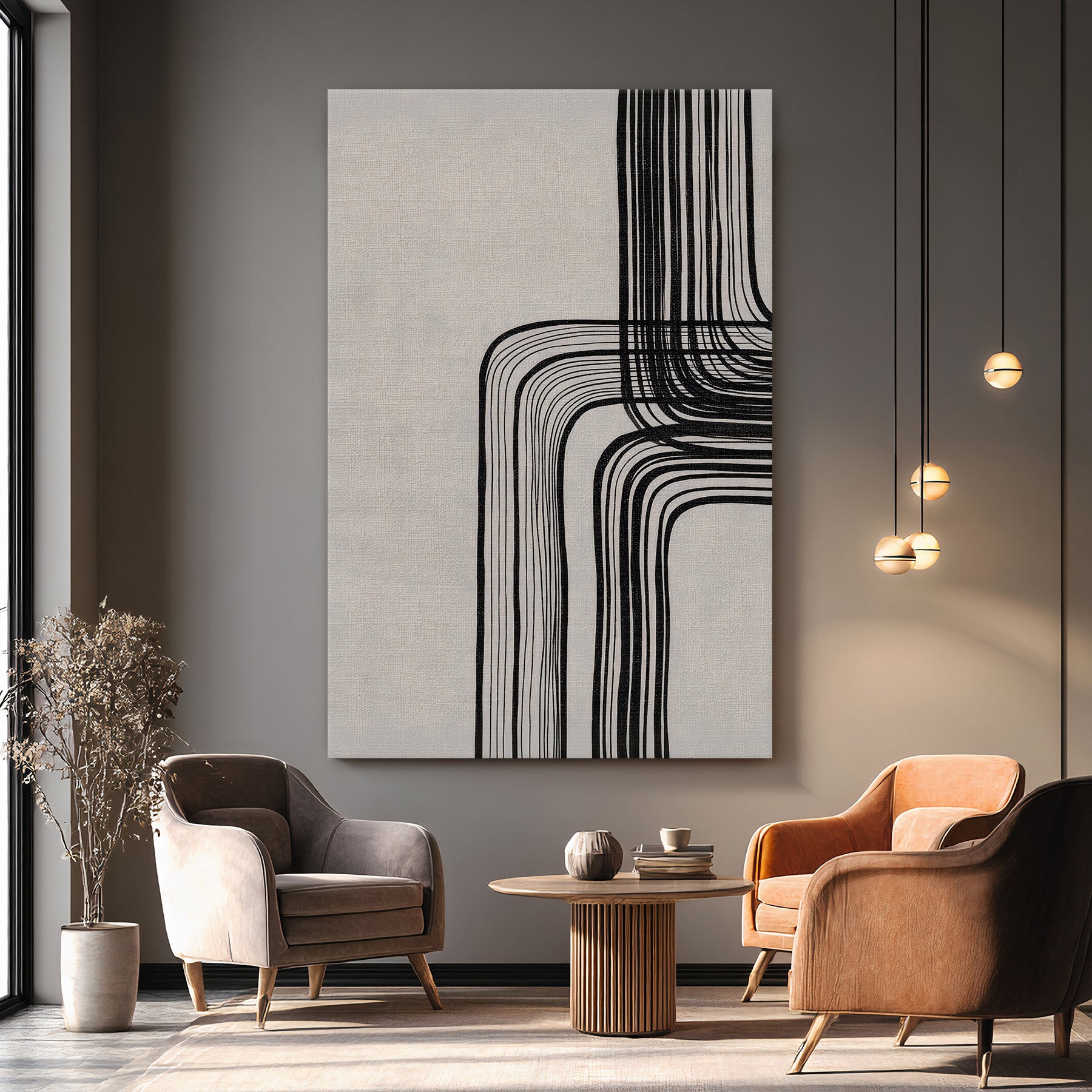 Modern minimalist abstract artwork with black curved lines on a neutral textured background, printed on canvas