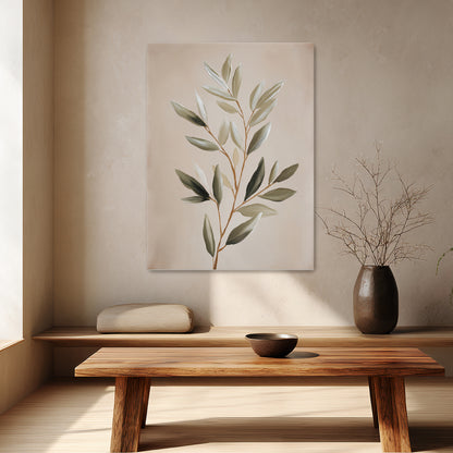 Botanical canvas wall art with a minimalist olive branch and soft neutral tones