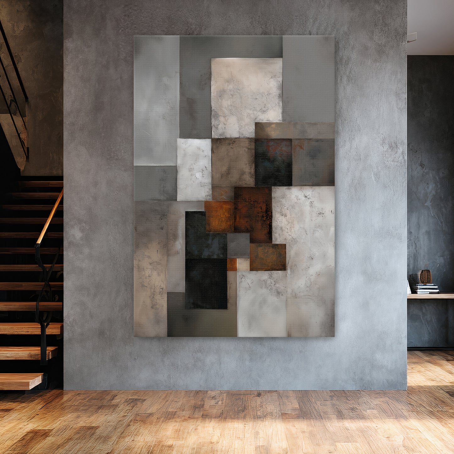 Modern geometric abstract wall art featuring layered rectangles in rust, charcoal, taupe, and ivory tones.