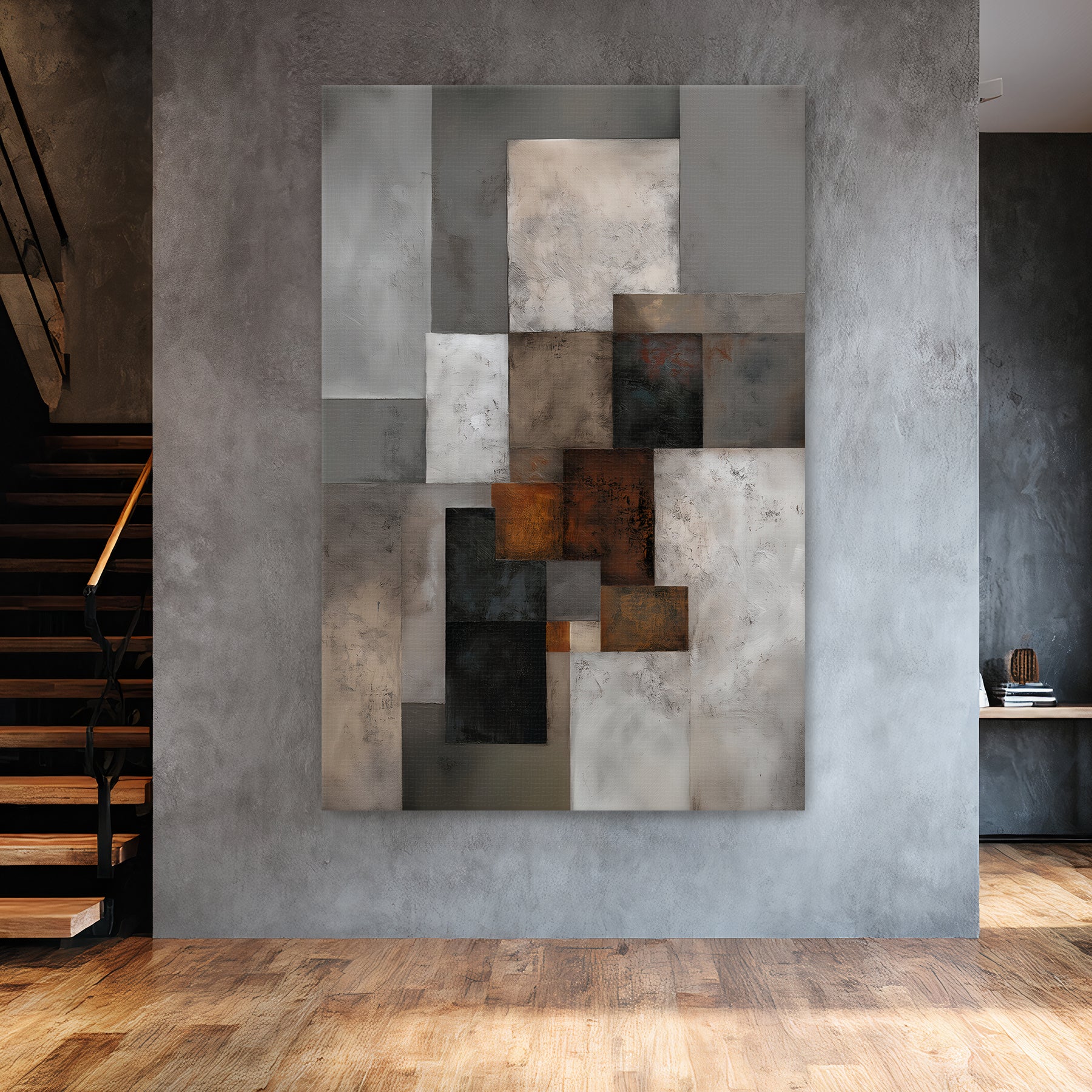 Modern geometric abstract wall art featuring layered rectangles in rust, charcoal, taupe, and ivory tones.