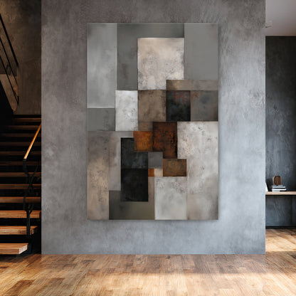 Modern geometric abstract wall art featuring layered rectangles in rust, charcoal, taupe, and ivory tones.
