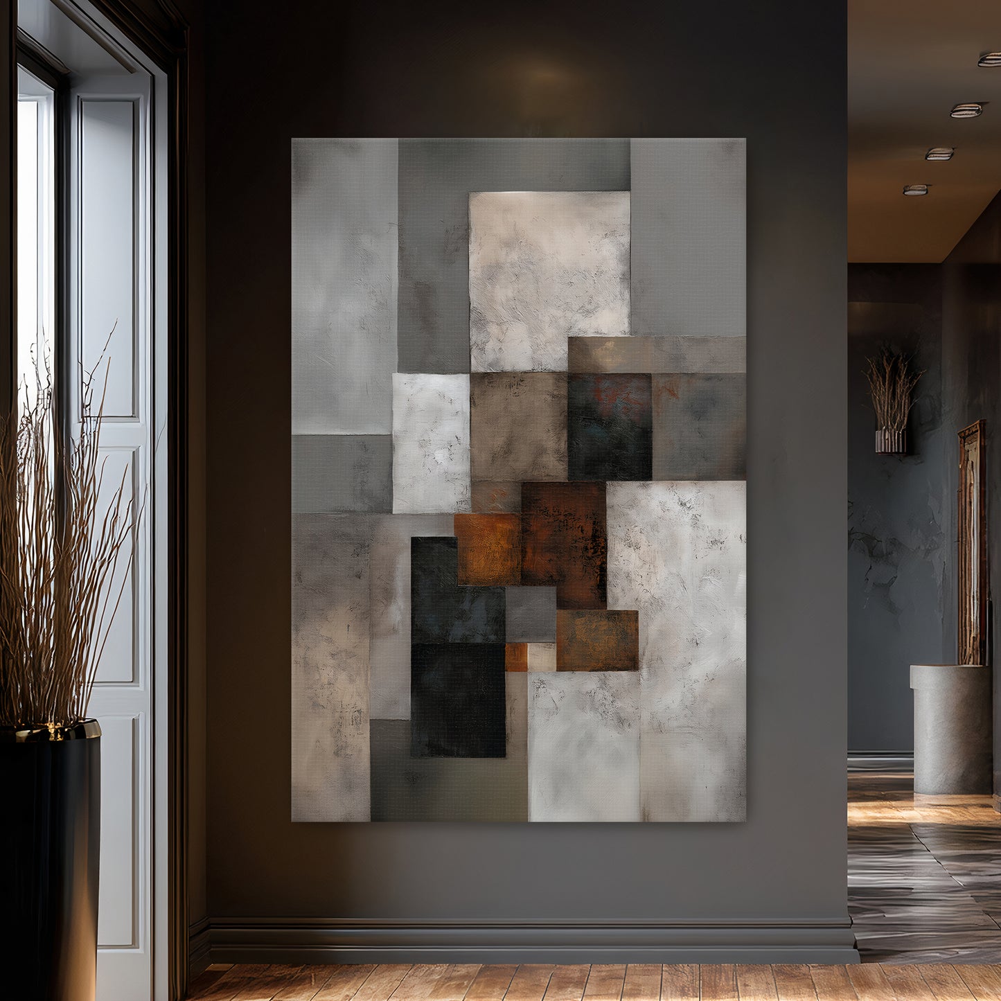 Modern geometric abstract wall art featuring layered rectangles in rust, charcoal, taupe, and ivory tones.