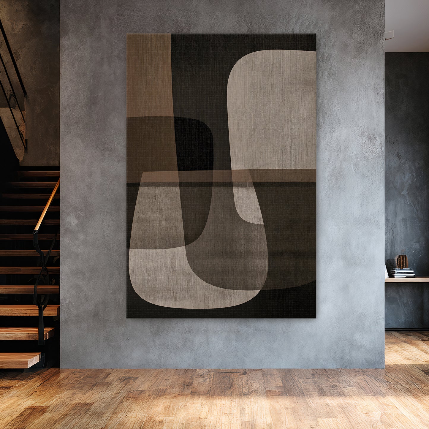 Abstract neutral canvas wall art featuring layered geometric forms in brown, black, taupe, and ivory