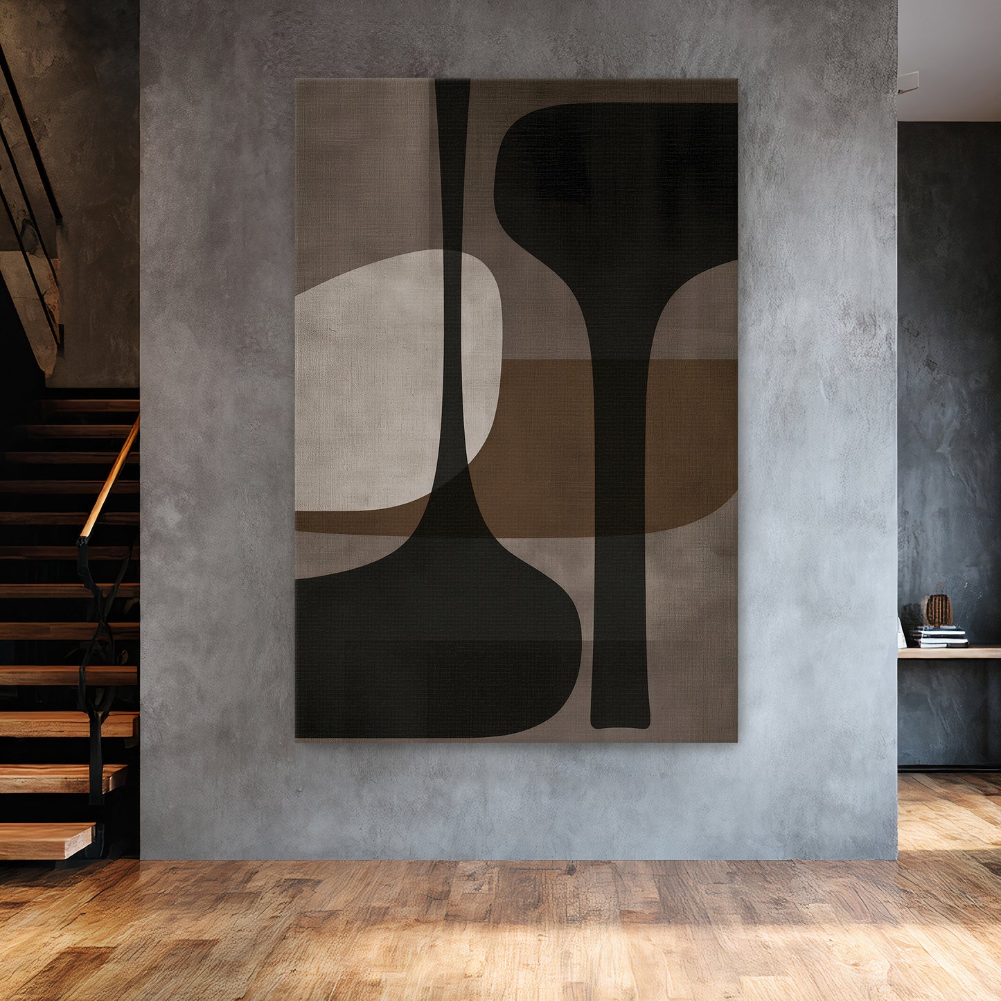 Abstract rolled canvas print with tall sculptural forms in charcoal, taupe and warm brown — mid-century modern wall art