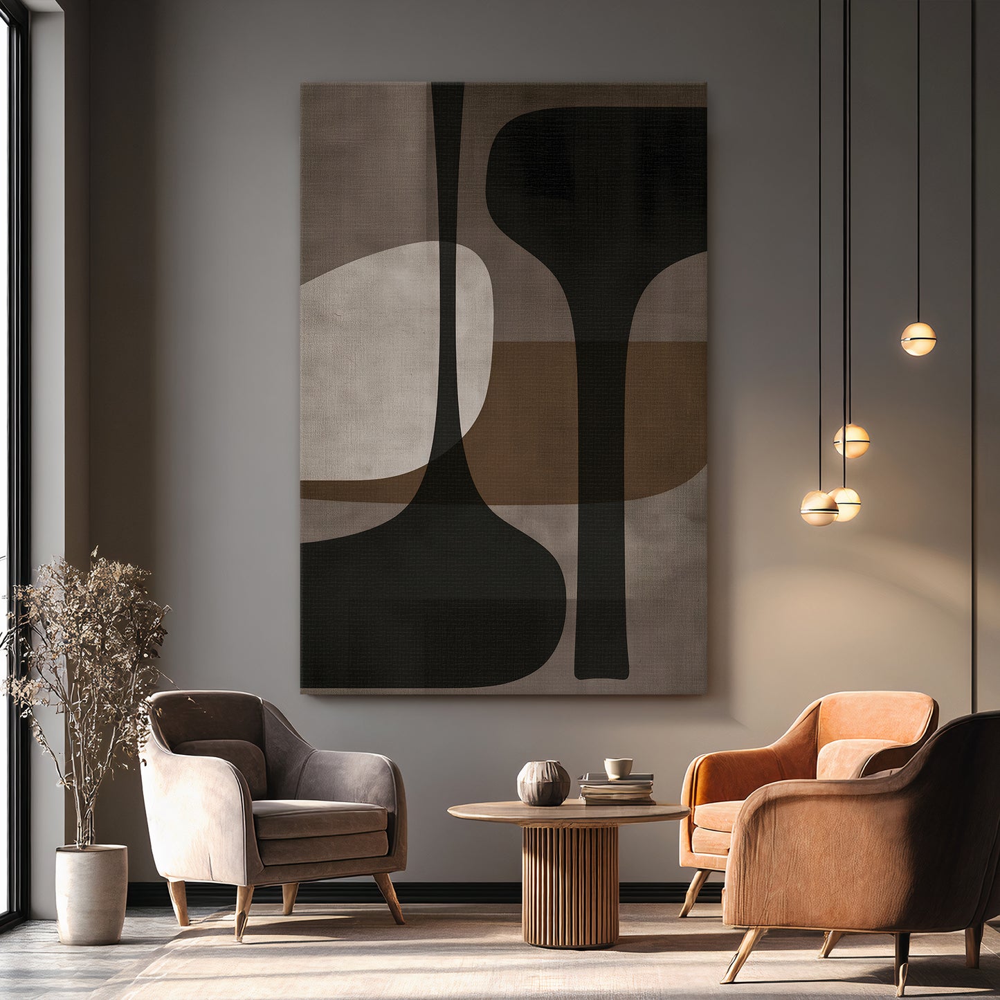 Gallery-wrapped stretched canvas with tall sculptural forms in charcoal, taupe and warm brown — mid-century modern wall art ready to hang