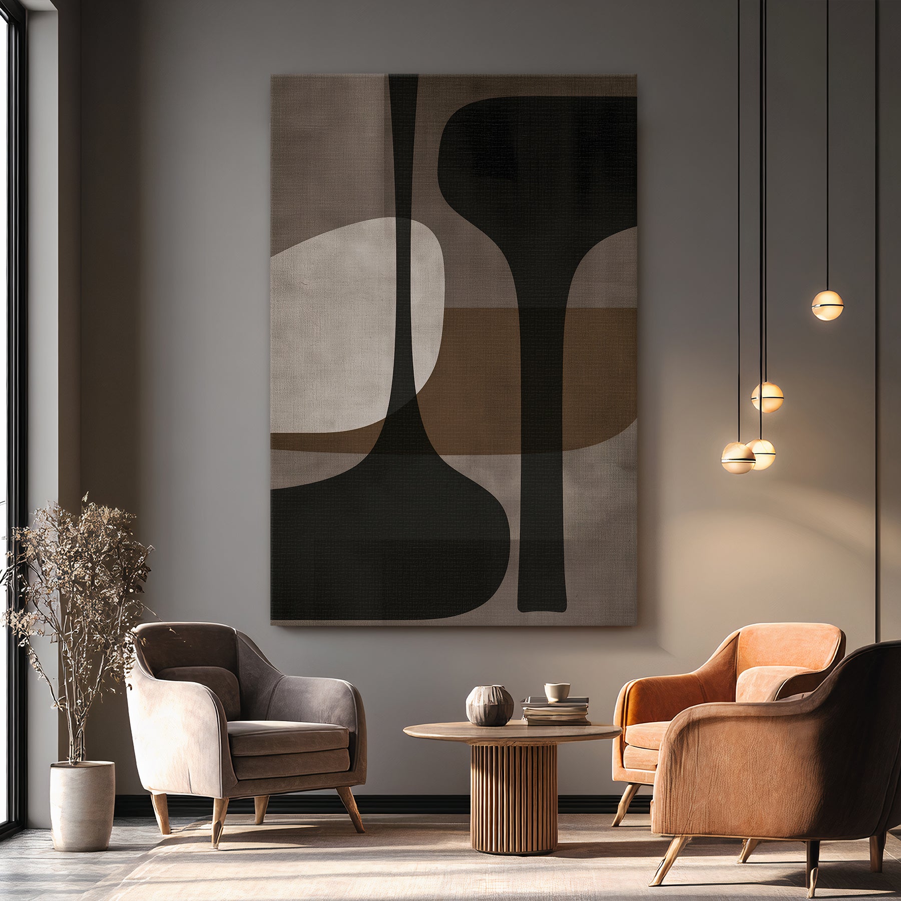 Gallery-wrapped stretched canvas with tall sculptural forms in charcoal, taupe and warm brown — mid-century modern wall art ready to hang