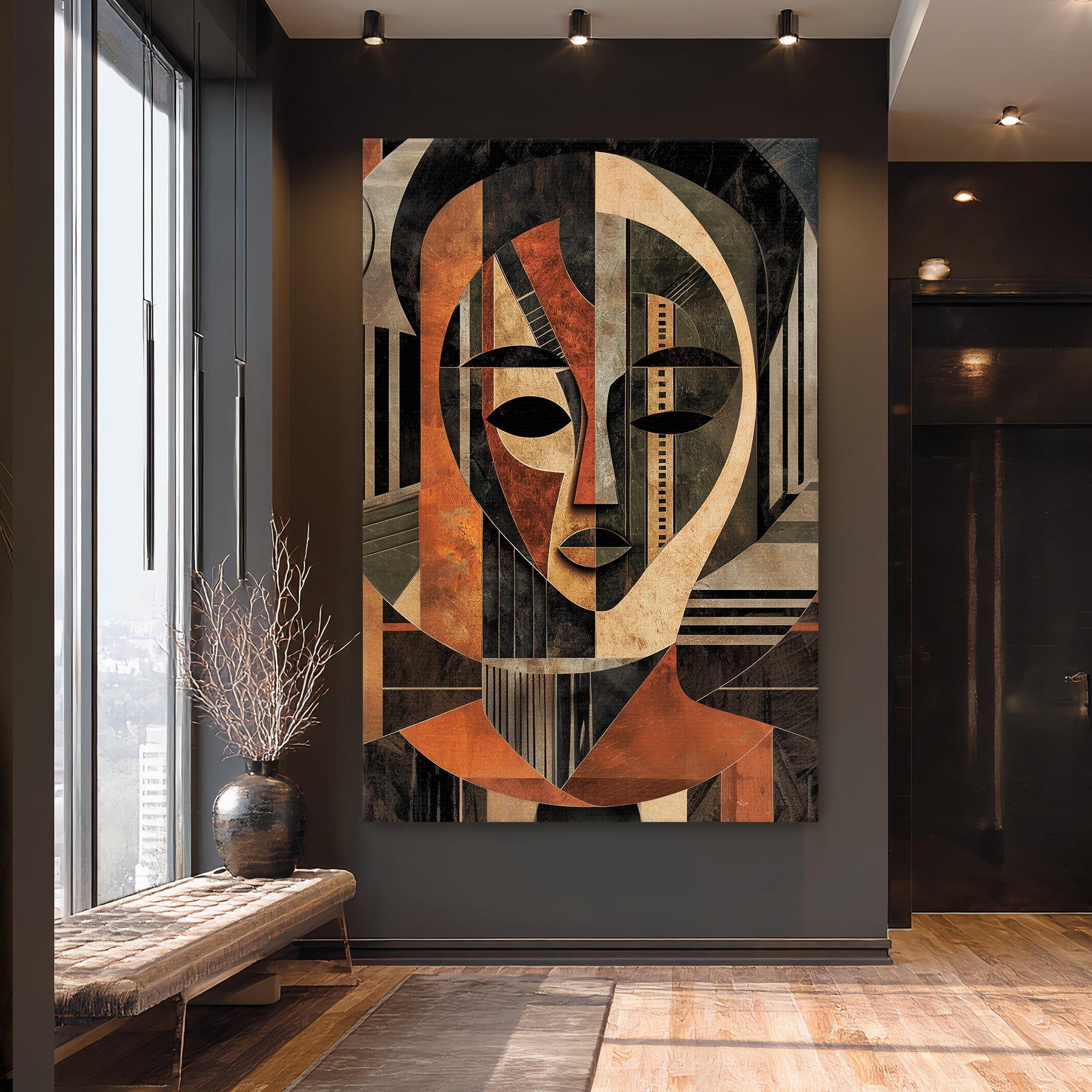 Stretched canvas wall art of an abstract face with geometric forms and earthy tones inspired by heritage