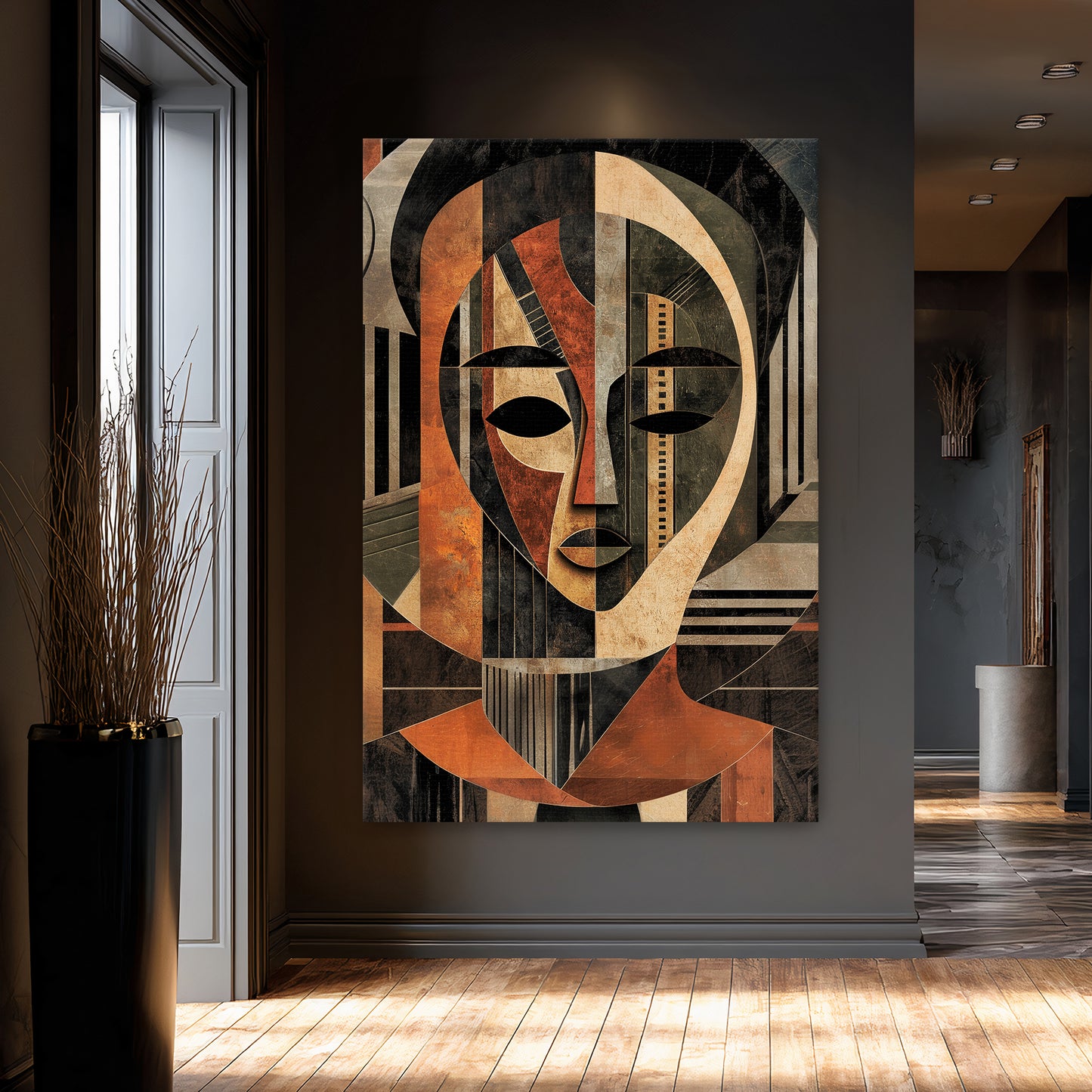 Abstract face canvas wall art featuring geometric patterns and earthy colors with cultural inspiration
