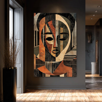 Abstract face canvas wall art featuring geometric patterns and earthy colors with cultural inspiration