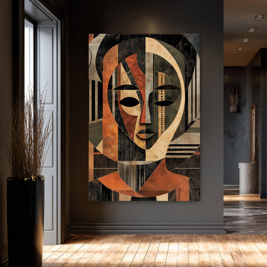 Abstract face canvas wall art featuring geometric patterns and earthy colors with cultural inspiration