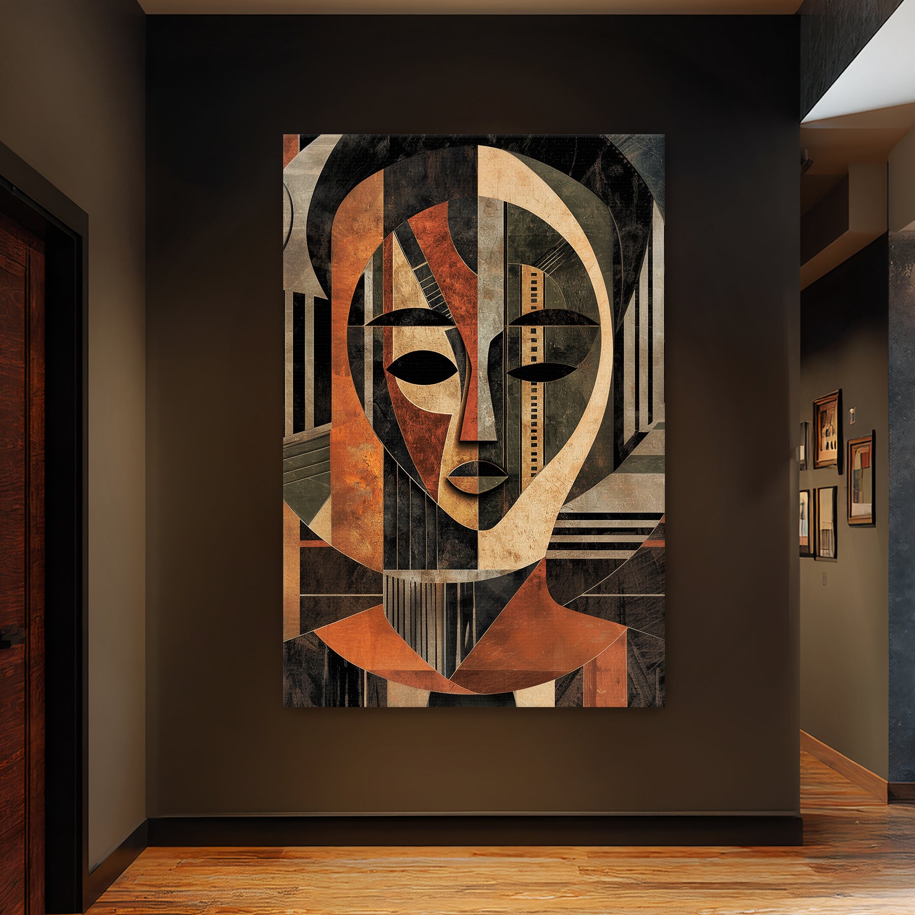 Abstract face digital wall art with geometric shapes and earthy tones inspired by cultural heritage
