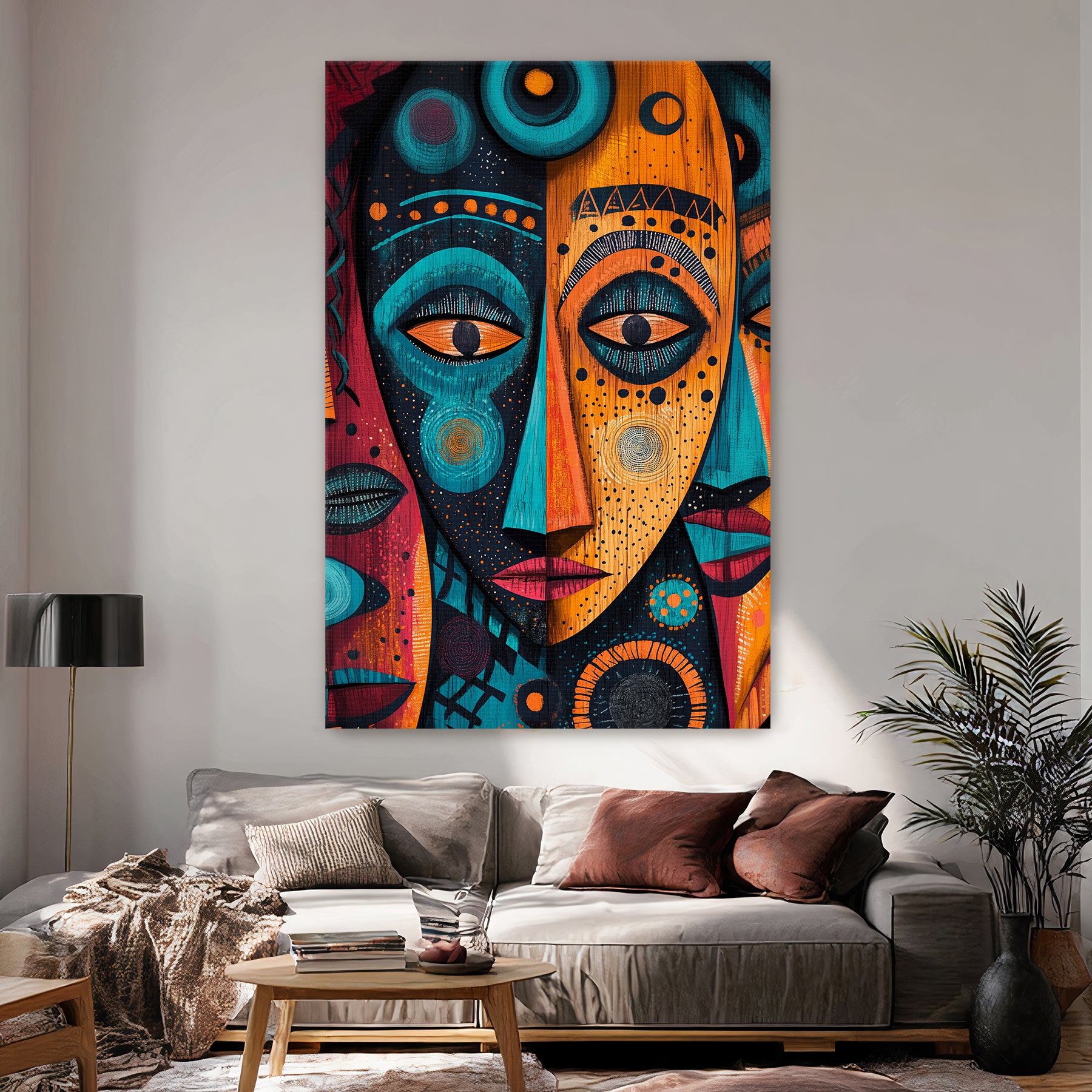 African inspired abstract face wall art with bold colors, geometric patterns, and cultural symbolism