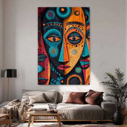 African inspired abstract face wall art with bold colors, geometric patterns, and cultural symbolism