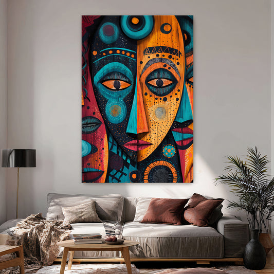 African inspired abstract face wall art with bold colors, geometric patterns, and cultural symbolism