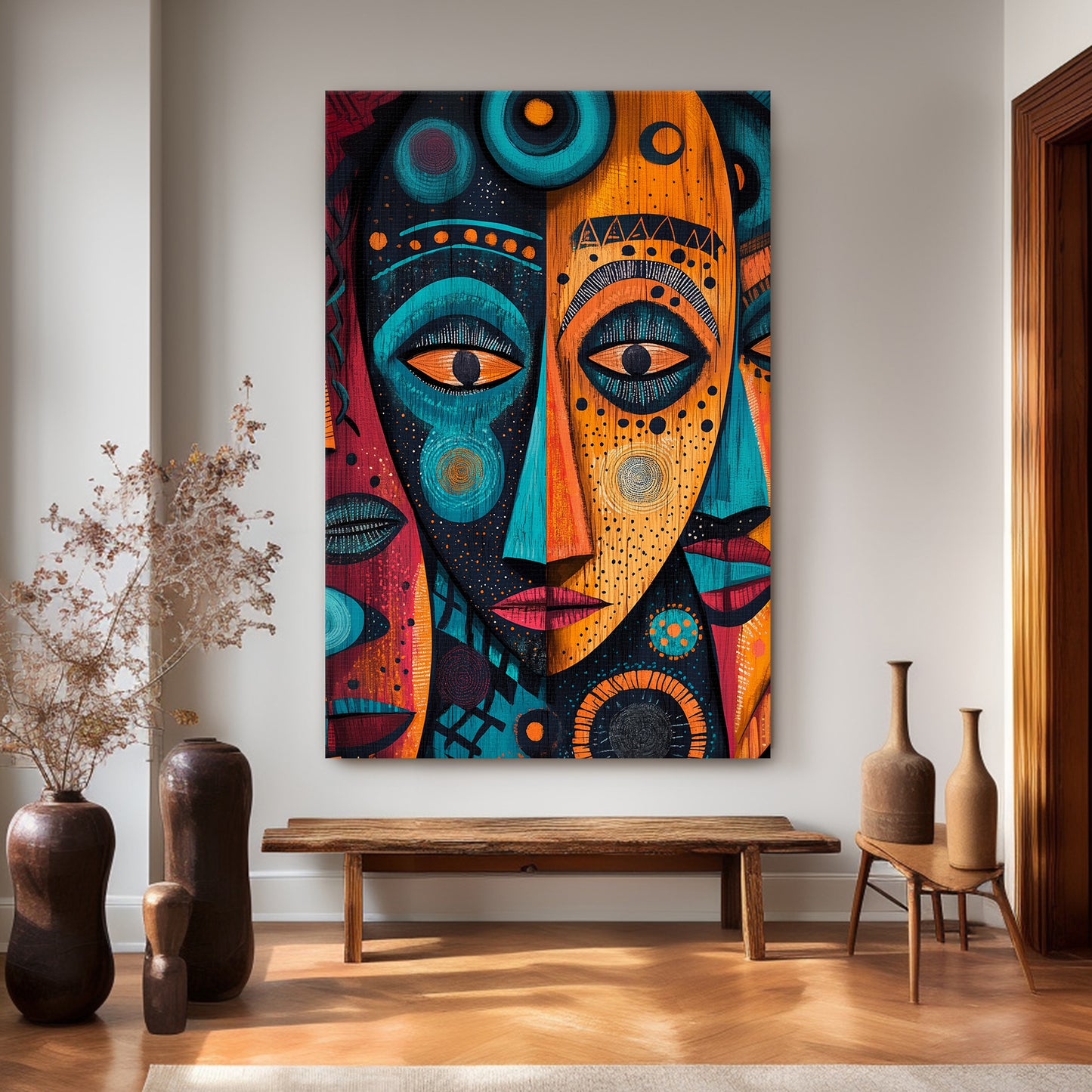 Stretched canvas wall art with African inspired abstract faces in bold teal, orange, and black tones