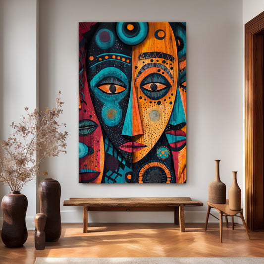 Stretched canvas wall art with African inspired abstract faces in bold teal, orange, and black tones