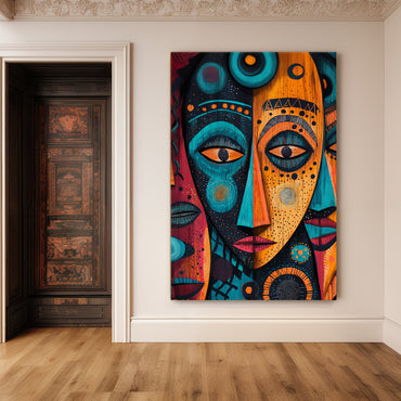 African inspired canvas wall art featuring abstract faces with vibrant colors and geometric patterns