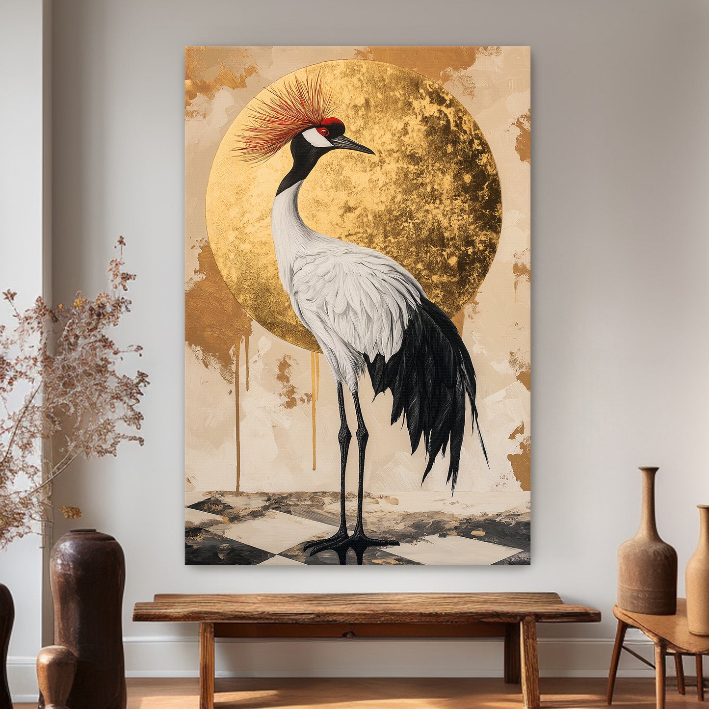 Asian Inspired Wall Art Rolled Canvas - "Celestial Crane"