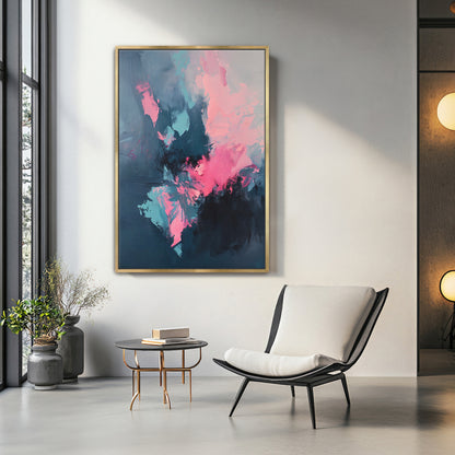Framed Abstract Canvas – “Electric Bloom” in Pink and Blue