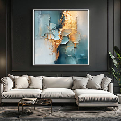 Framed Square Abstract Canvas – “Golden Divide” in Teal and Gold