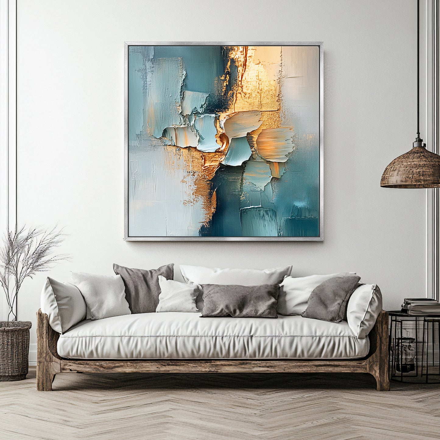 Framed Square Abstract Canvas – “Golden Divide” in Teal and Gold
