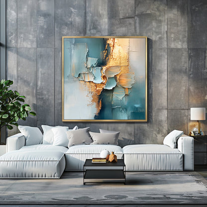 Framed Square Abstract Canvas – “Golden Divide” in Teal and Gold