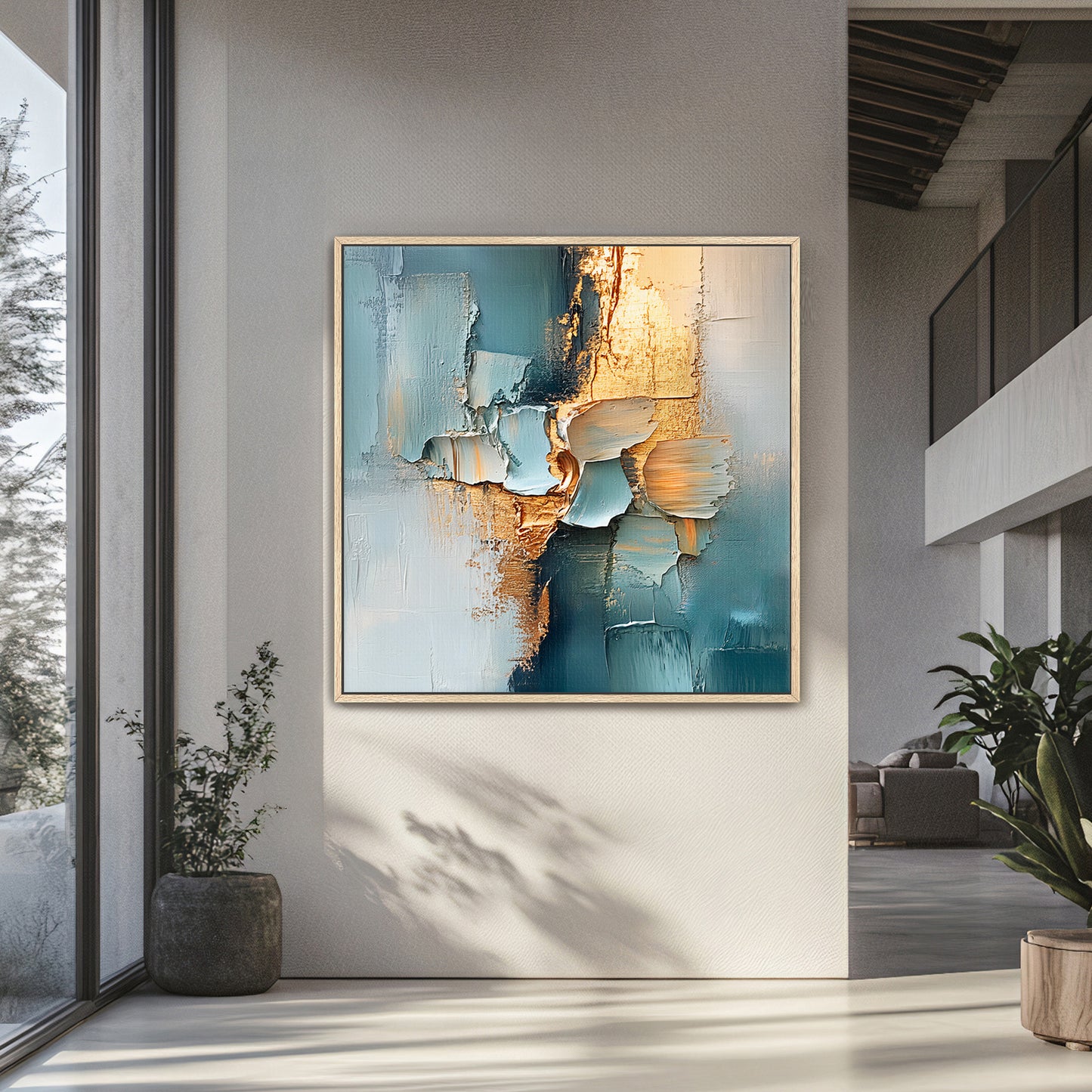 Framed Square Abstract Canvas – “Golden Divide” in Teal and Gold