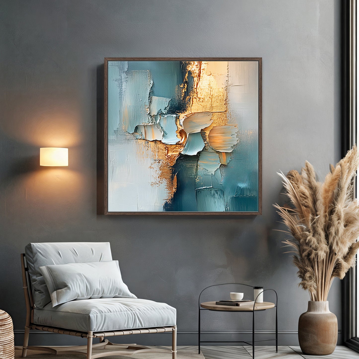 Framed Square Abstract Canvas – “Golden Divide” in Teal and Gold