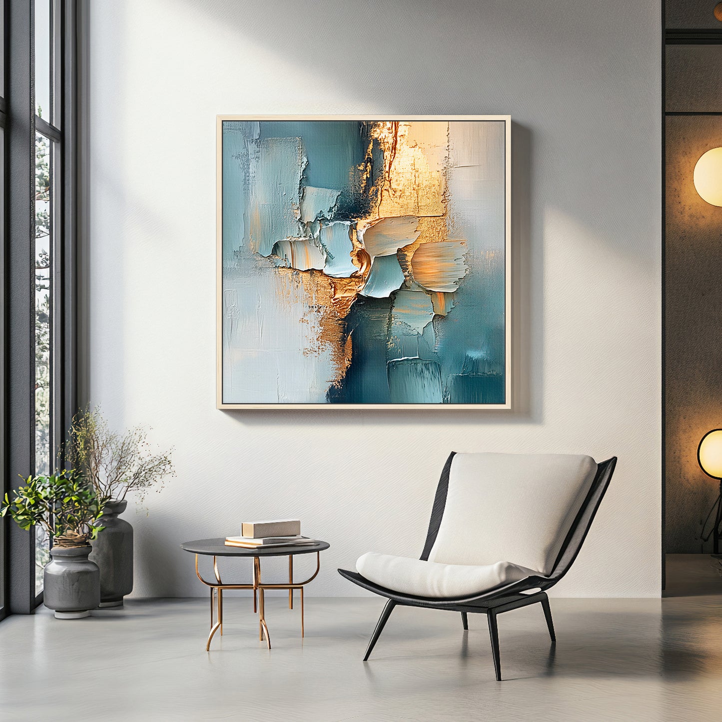 Framed Square Abstract Canvas – “Golden Divide” in Teal and Gold