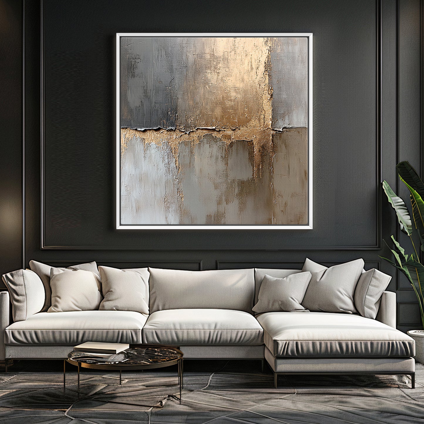 Framed Abstract Canvas – “Gilded Faultline” Gold and Gray Modern Wall Art