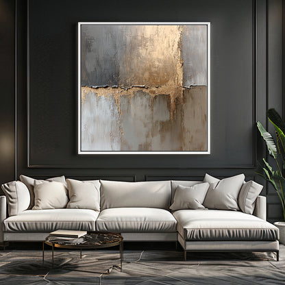 Framed Abstract Canvas – “Gilded Faultline” Gold and Gray Modern Wall Art