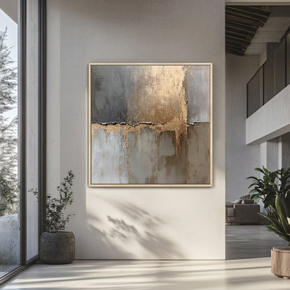 Framed Abstract Canvas – “Gilded Faultline” Gold and Gray Modern Wall Art